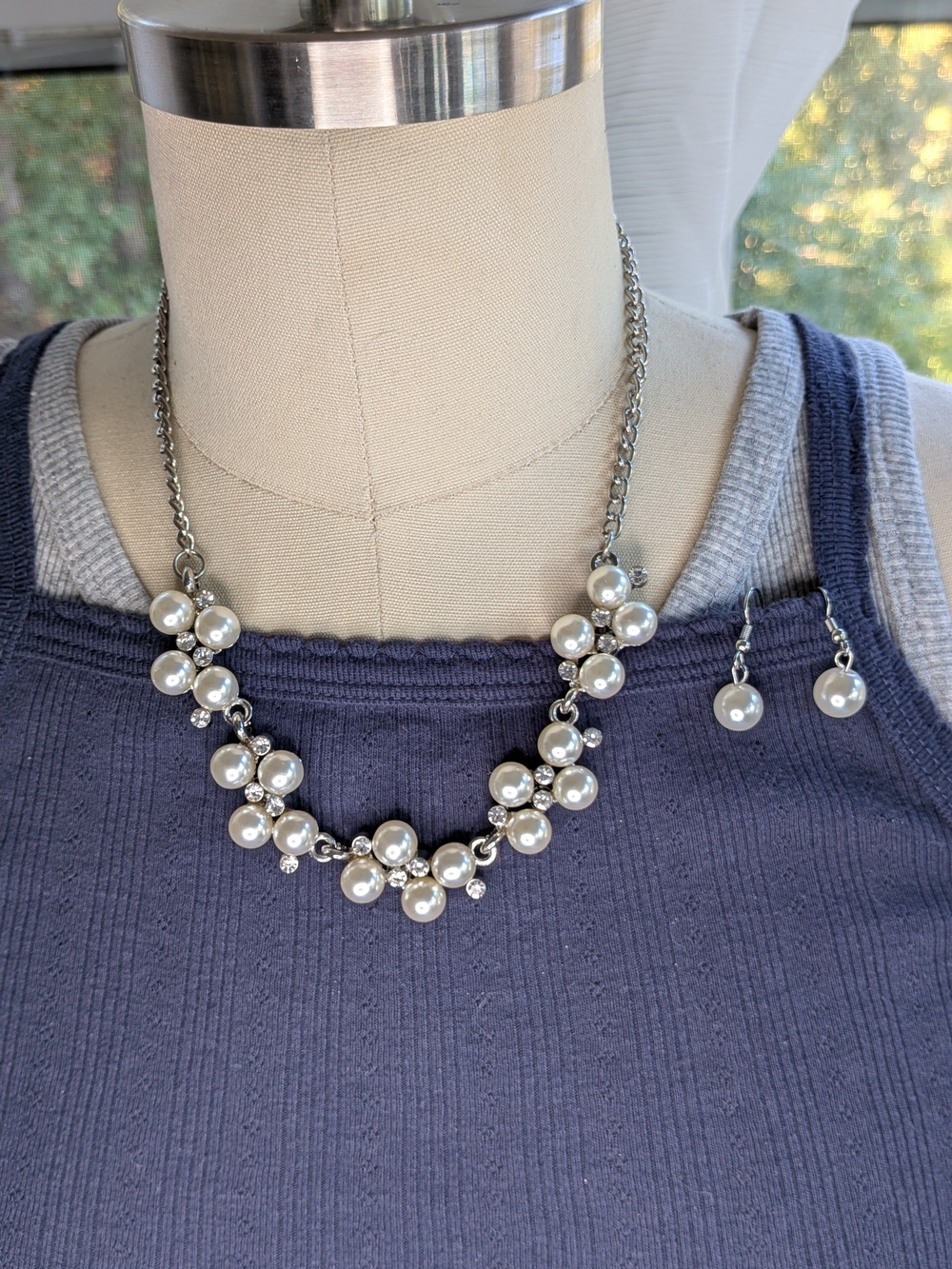 Silver Faux Pearl Cluster Rhinestone Statement Necklace Earrings Set